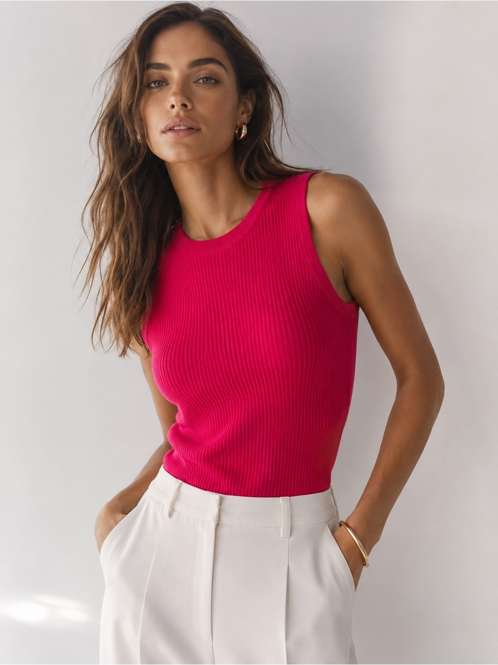 Rachel Zoe Ribbed Knit Tank Top | Sleeveless Sweater | Vibrant Pink | Sz L | NWT